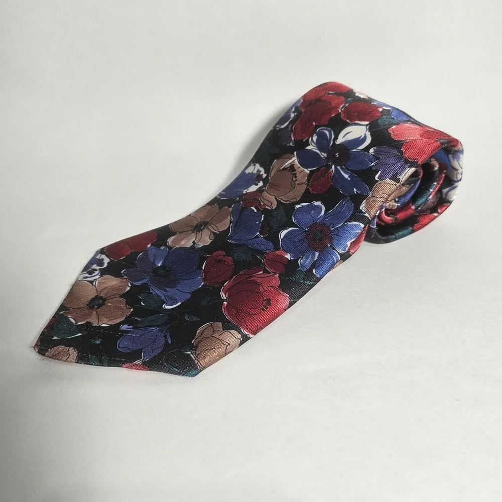 Buckingham Mens Floral Necktie Red Blue Tan Botanical Print Made in USA